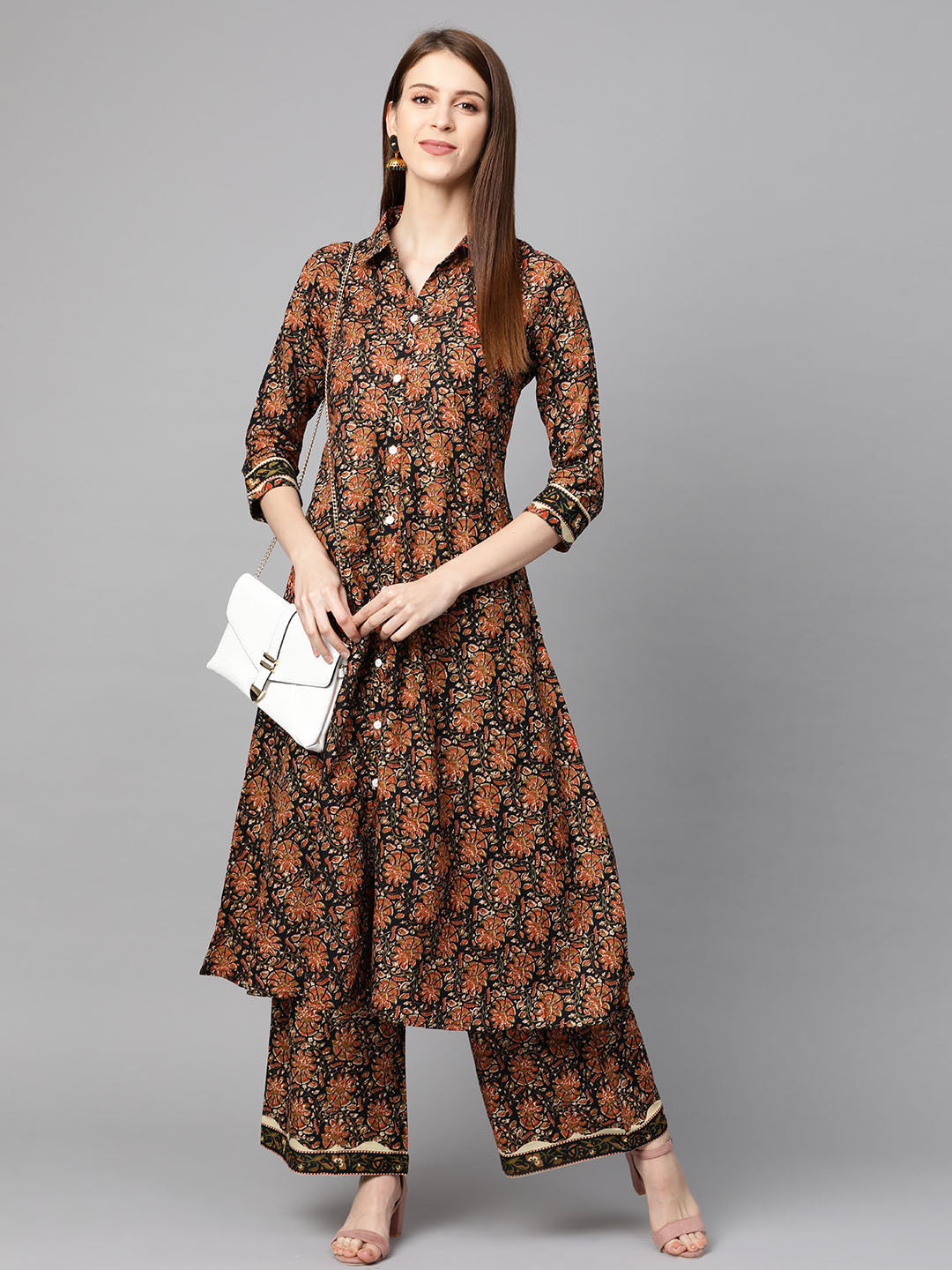 Printed Pure Cotton Calf Length Collared Neck Kurta Set