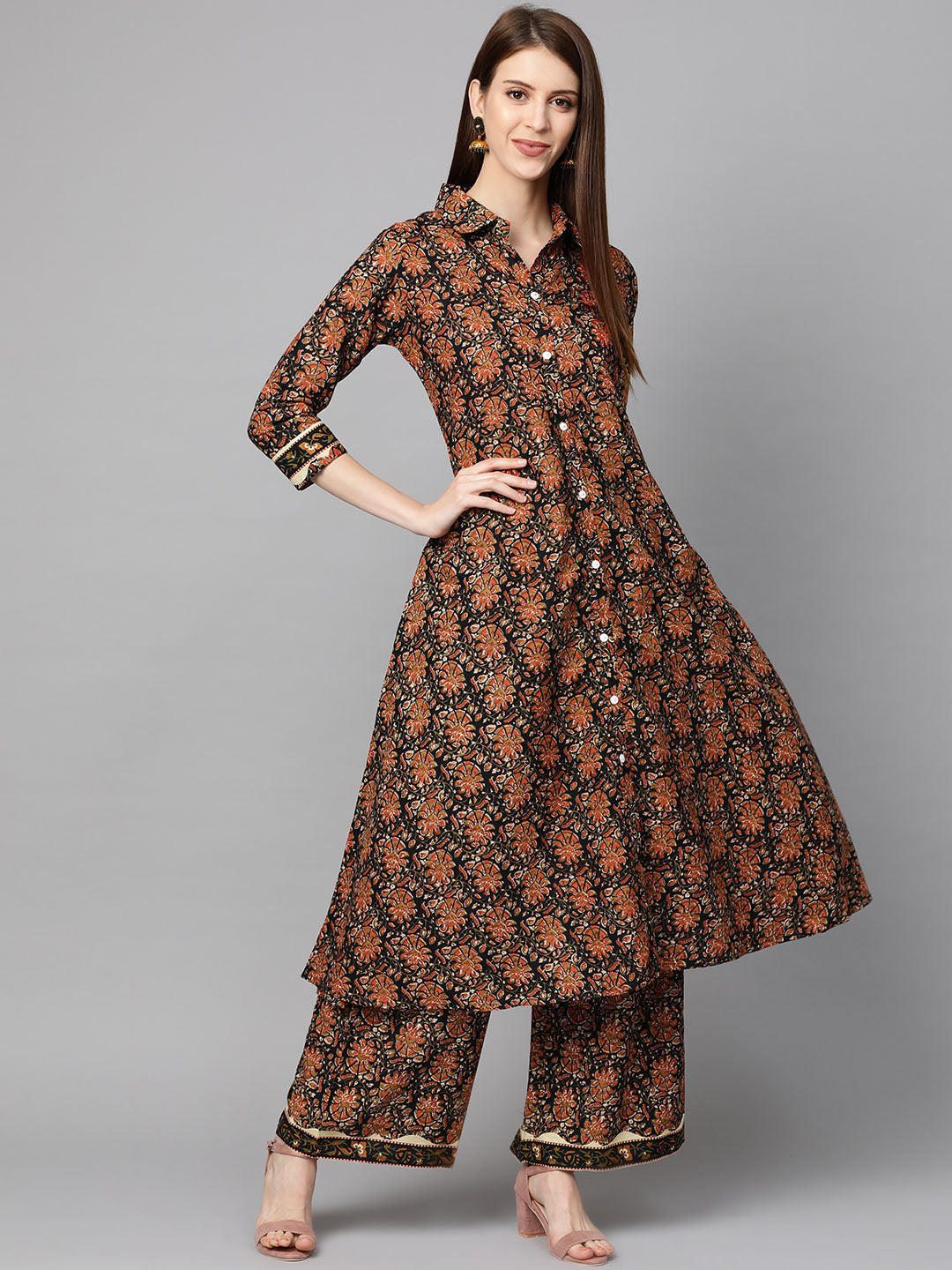 Printed Pure Cotton Calf Length Collared Neck Kurta Set