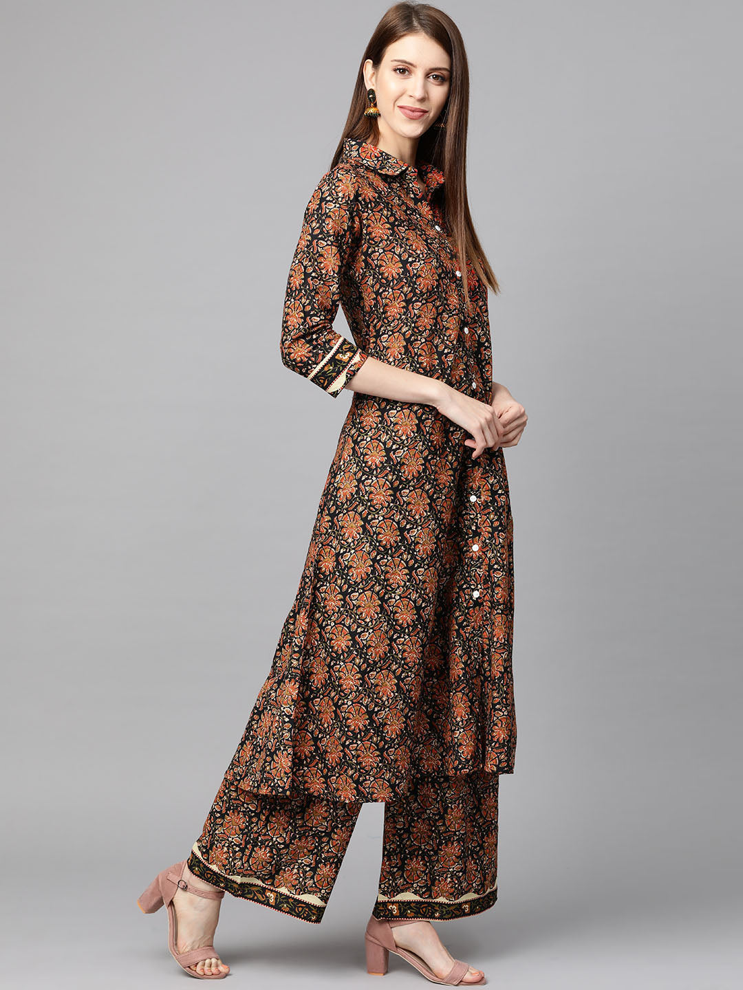 Printed Pure Cotton Calf Length Collared Neck Kurta Set