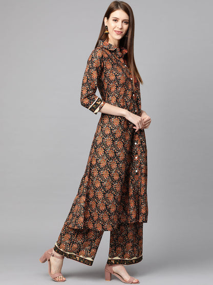 Printed Pure Cotton Calf Length Collared Neck Kurta Set