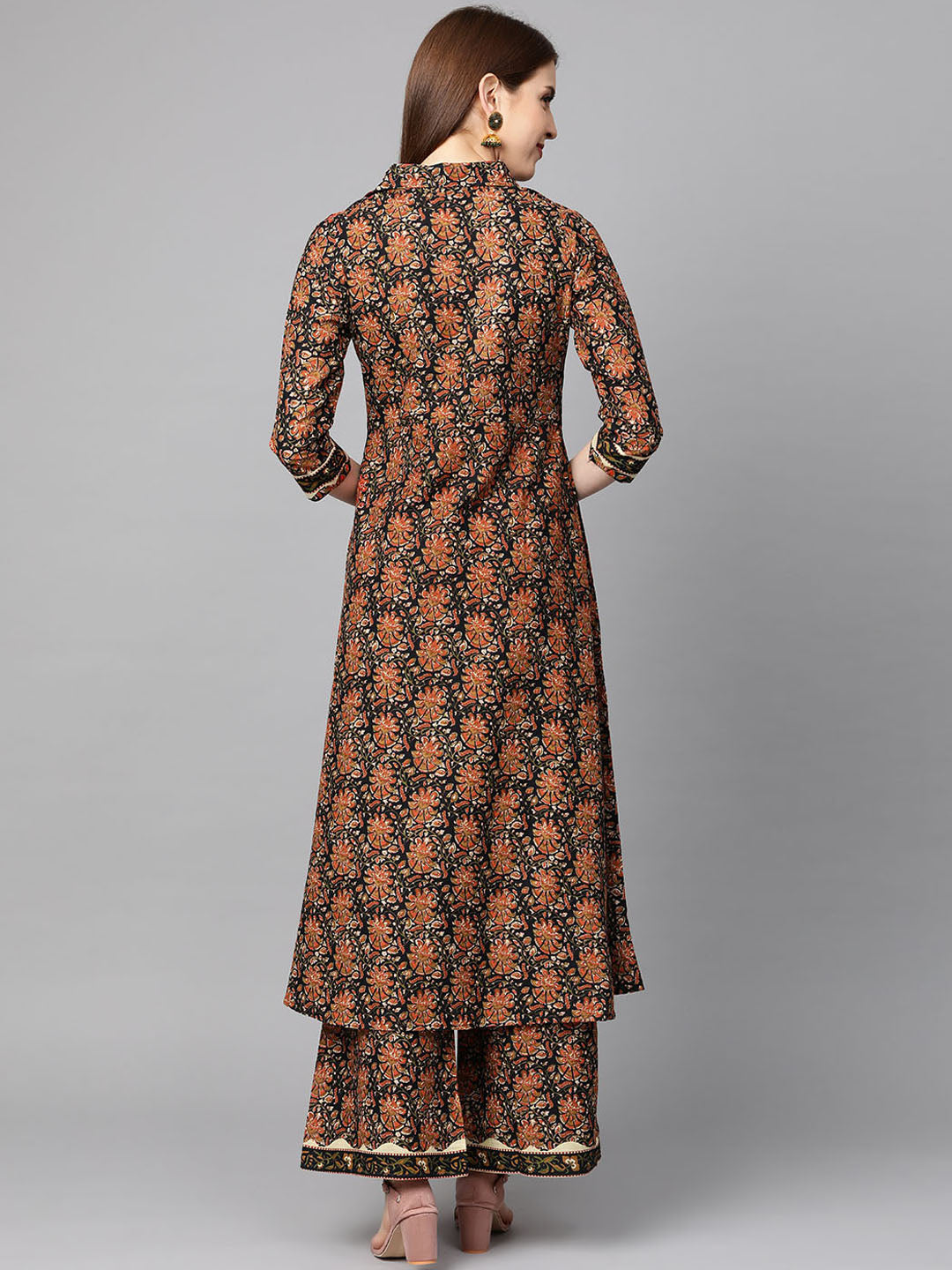 Printed Pure Cotton Calf Length Collared Neck Kurta Set