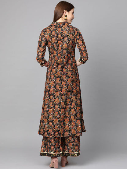 Printed Pure Cotton Calf Length Collared Neck Kurta Set