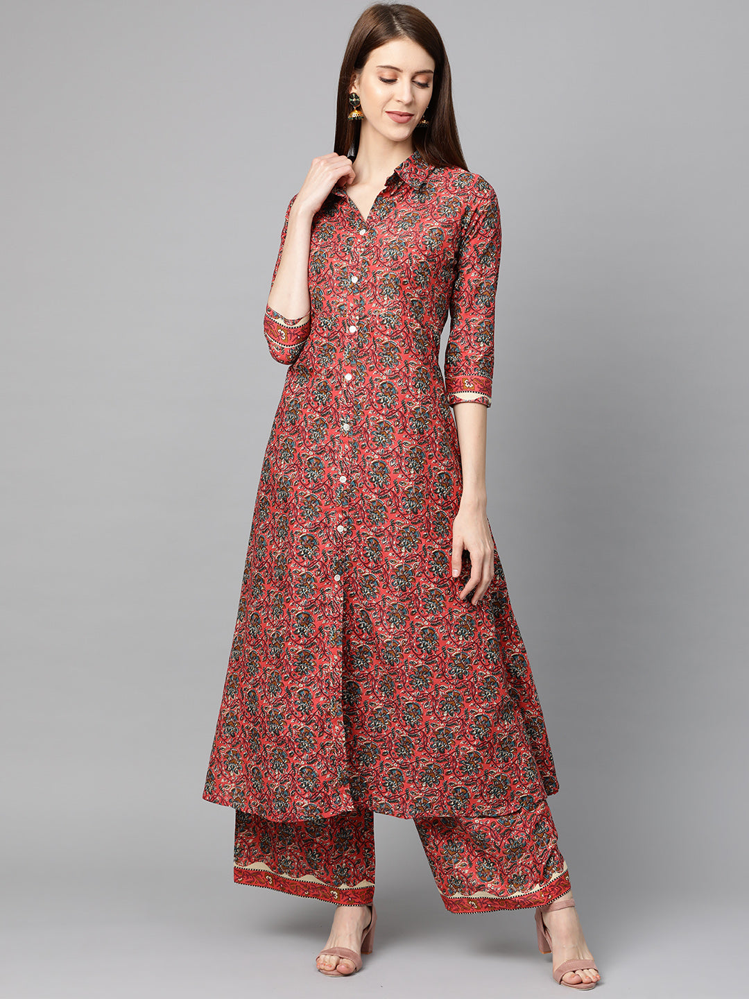 Printed Pure Cotton Calf Length Collared Neck Kurta Set