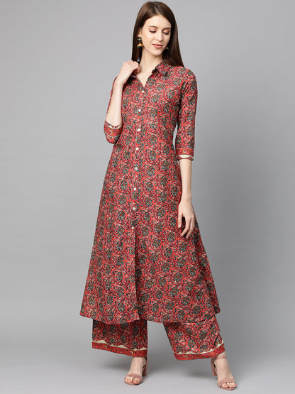 Printed Pure Cotton Calf Length Collared Neck Kurta Set