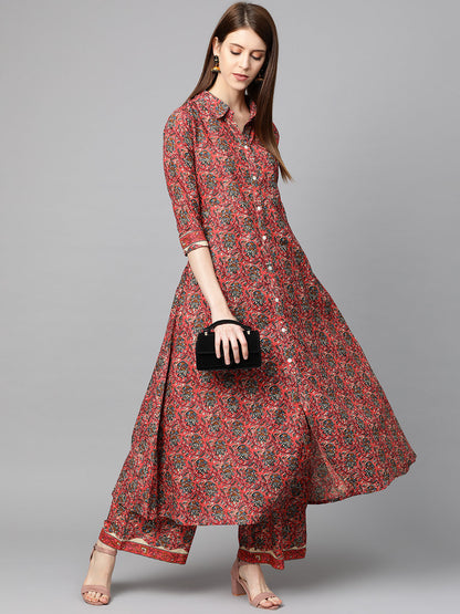 Printed Pure Cotton Calf Length Collared Neck Kurta Set