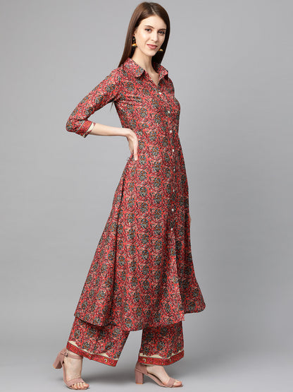 Printed Pure Cotton Calf Length Collared Neck Kurta Set