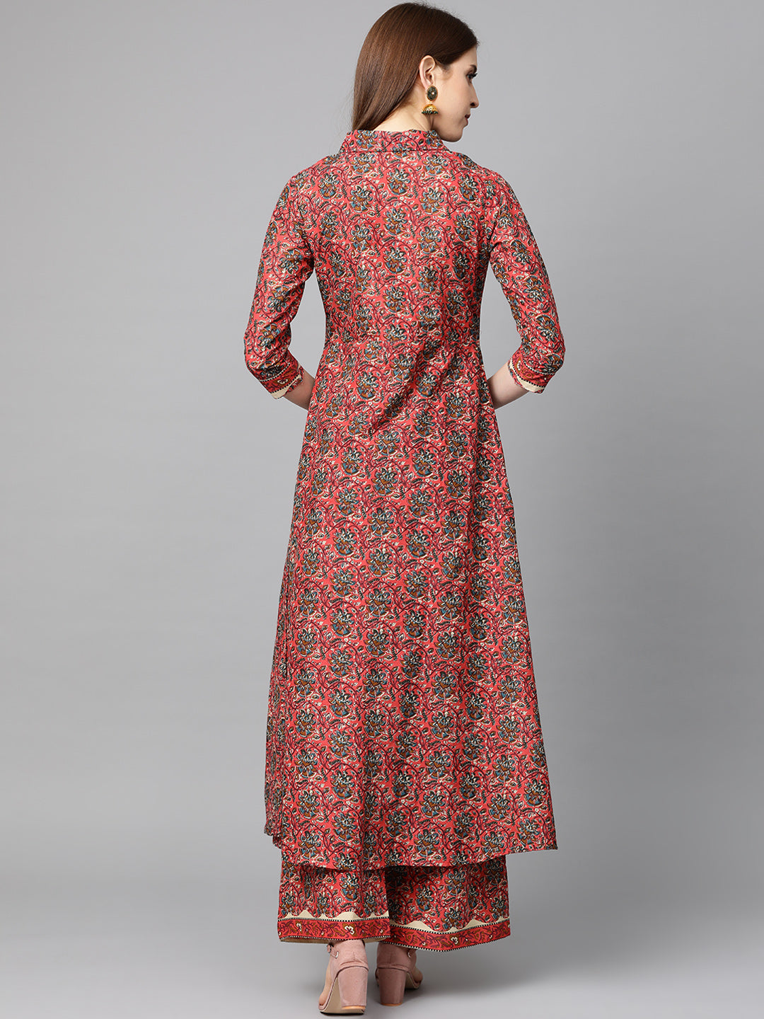 Printed Pure Cotton Calf Length Collared Neck Kurta Set