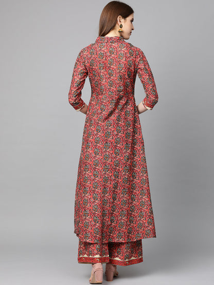 Printed Pure Cotton Calf Length Collared Neck Kurta Set