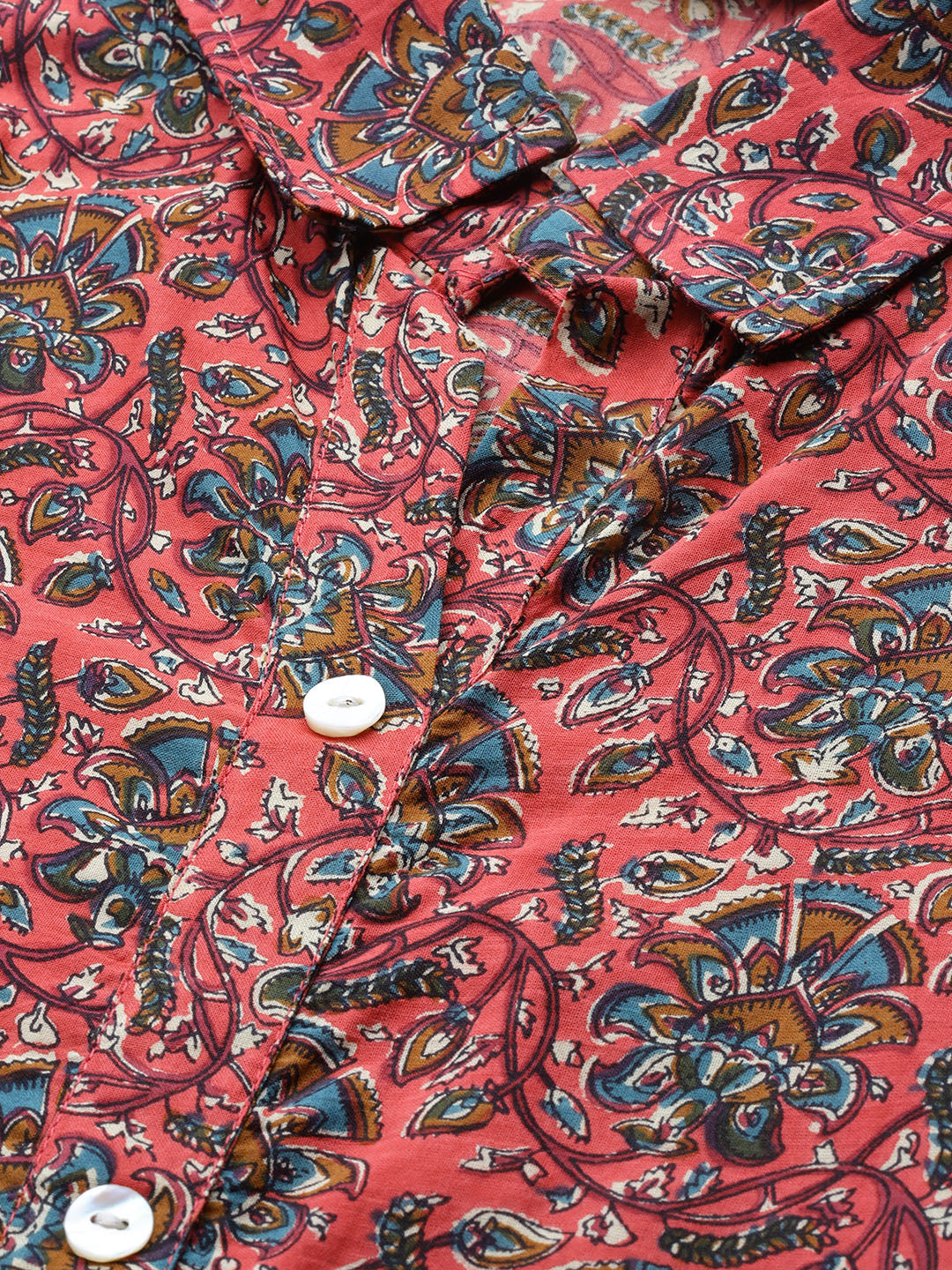 Printed Pure Cotton Calf Length Collared Neck Kurta Set