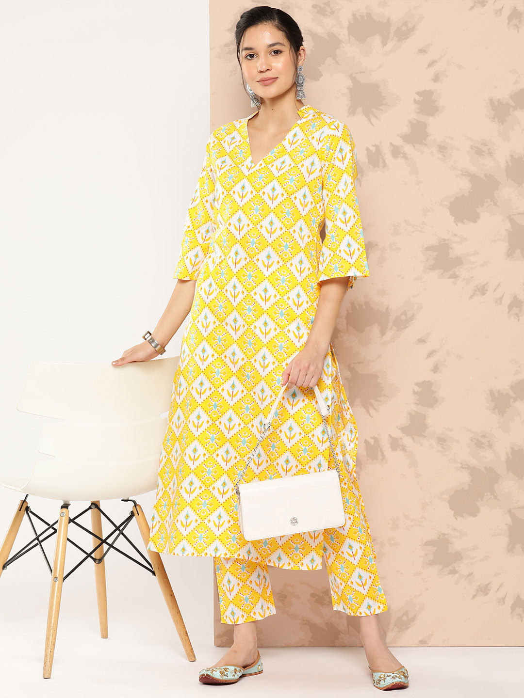 Printed Pure Cotton Calf Length V Neck Kurta Set