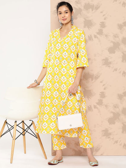 Printed Pure Cotton Calf Length V Neck Kurta Set