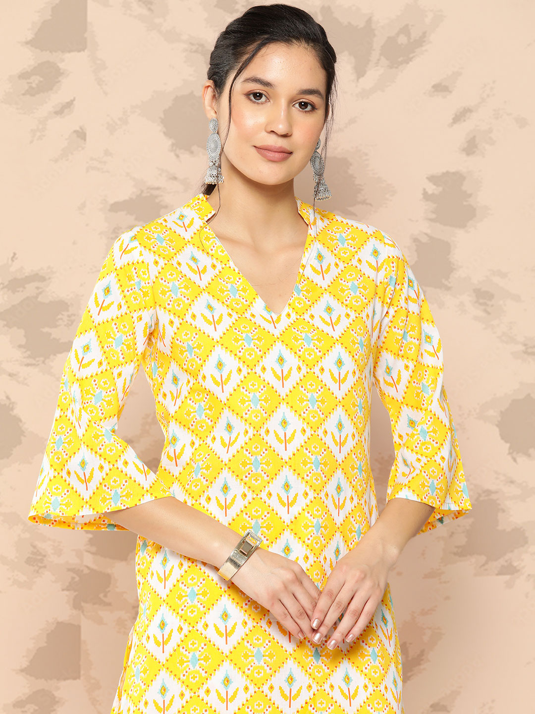 Printed Pure Cotton Calf Length V Neck Kurta Set