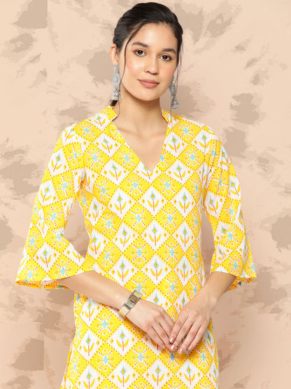 Printed Pure Cotton Calf Length V Neck Kurta Set