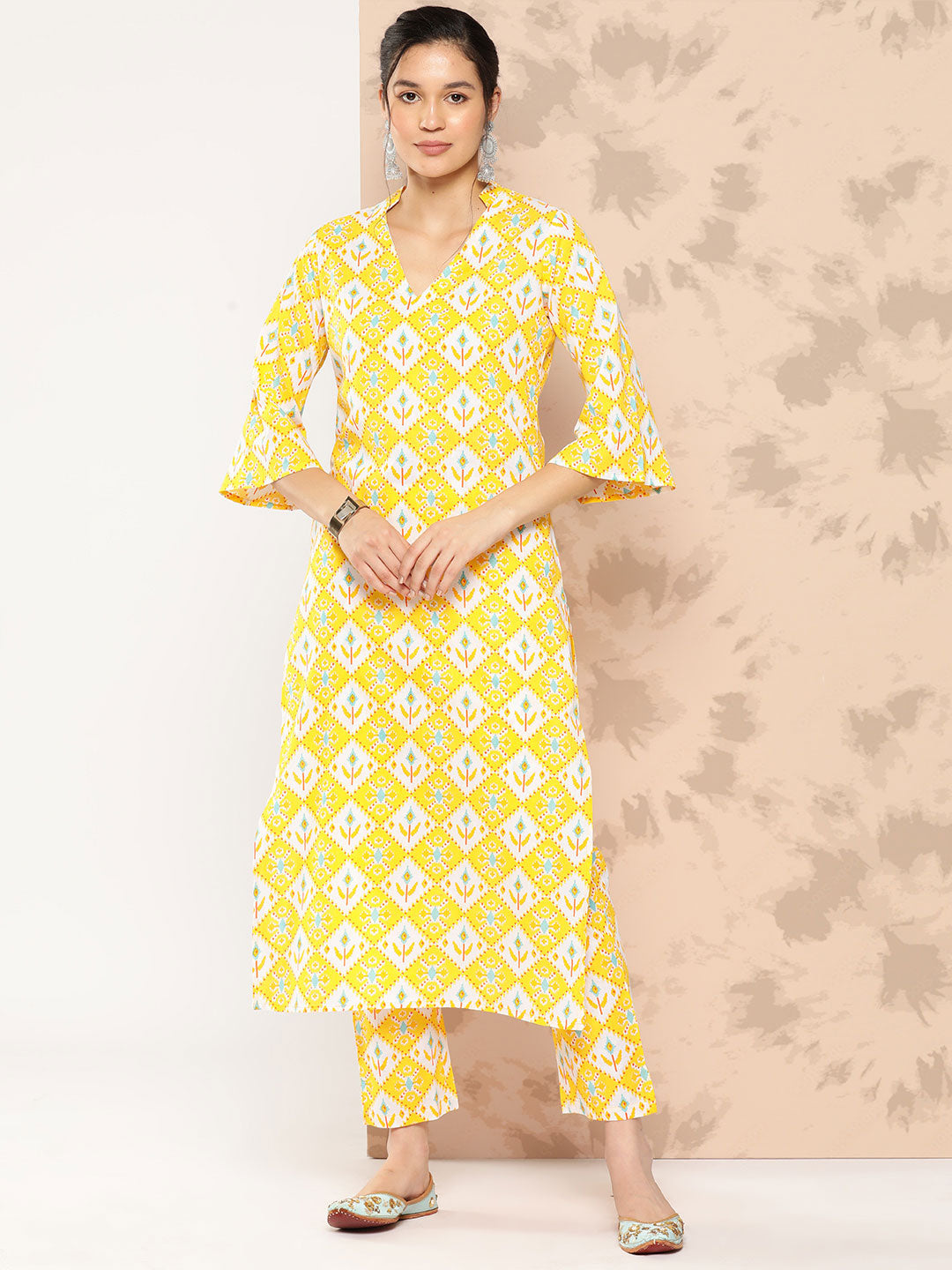 Printed Pure Cotton Calf Length V Neck Kurta Set