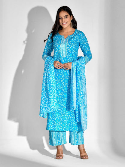Pure Cotton Floral Round Neck Kurta Set
