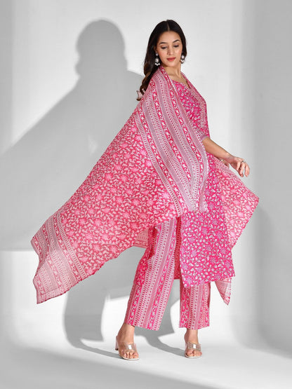 Pure Cotton Floral Round Neck Kurta Set