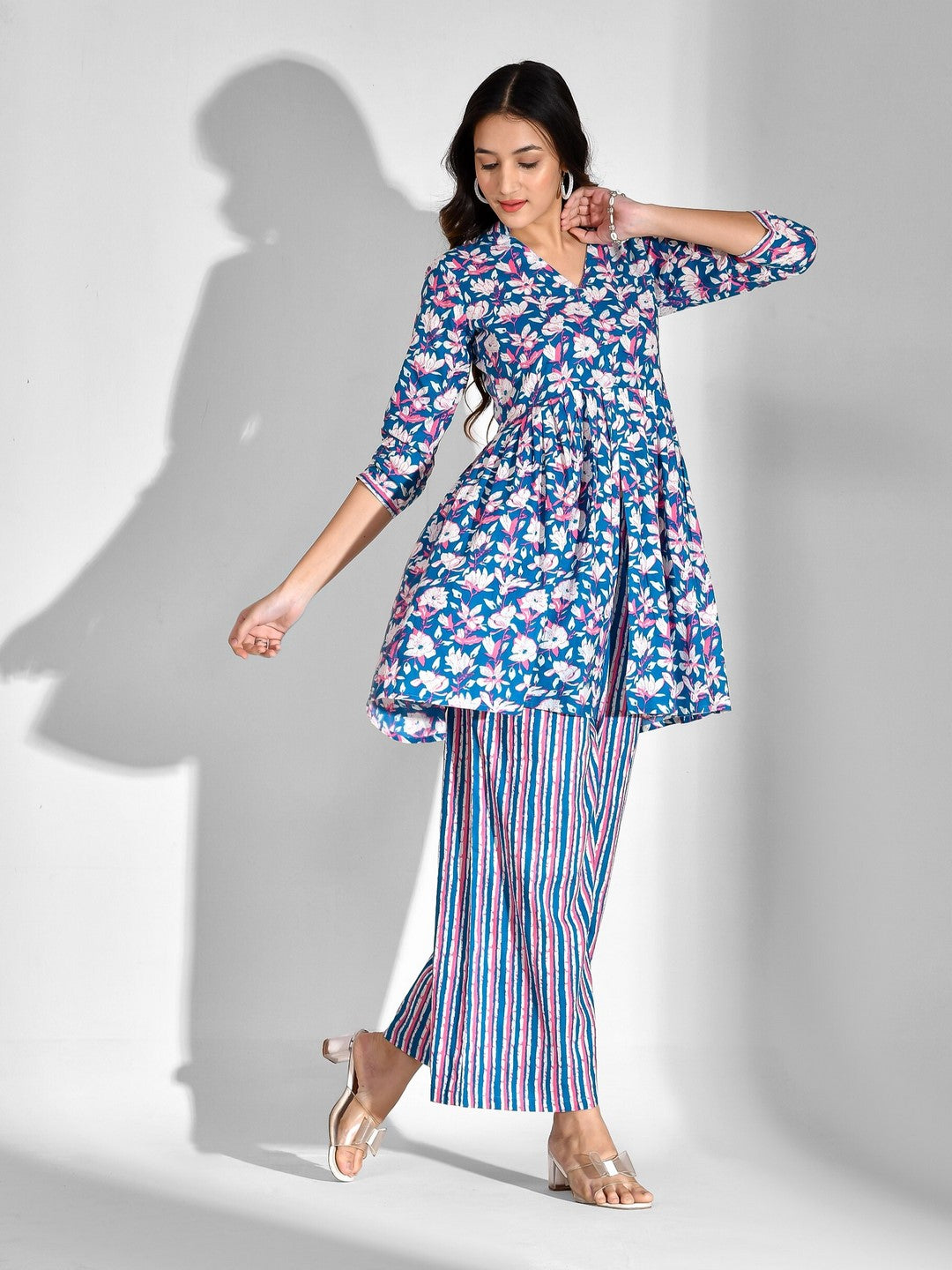 Pure Cotton Floral V Neck Kurta Set