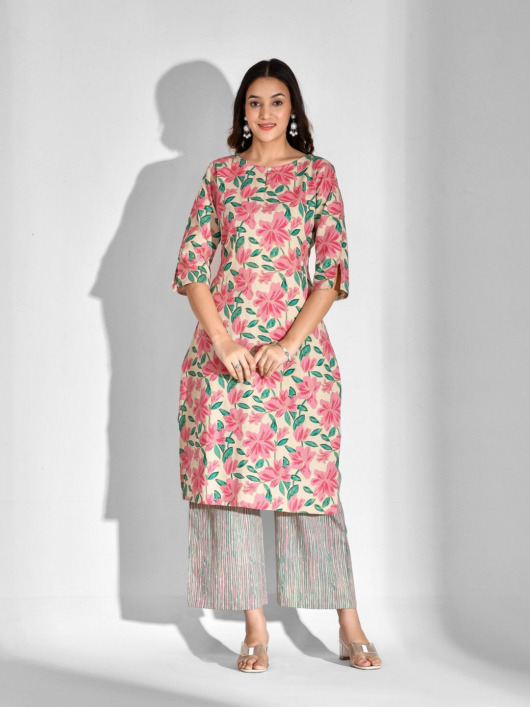 Printed Pure Cotton 3/4 Sleeve Kurta And Palazzo Set