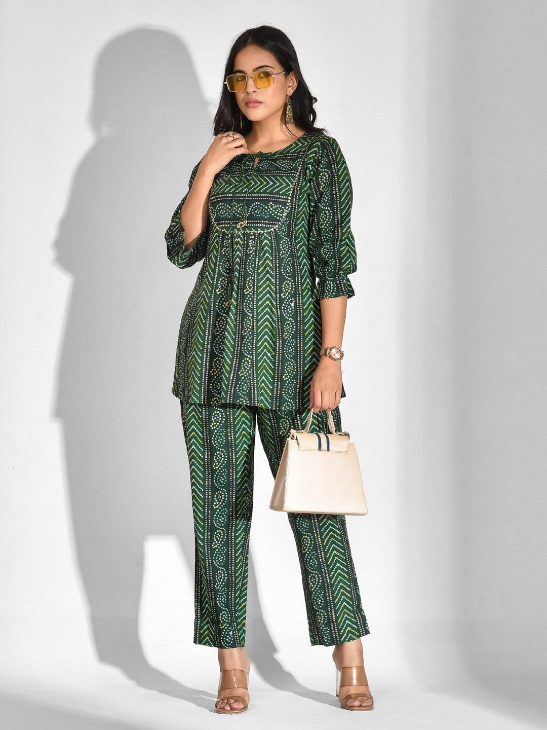 Printed Viscose Rayon 3/4 Sleeve Kurta And Trouser Set
