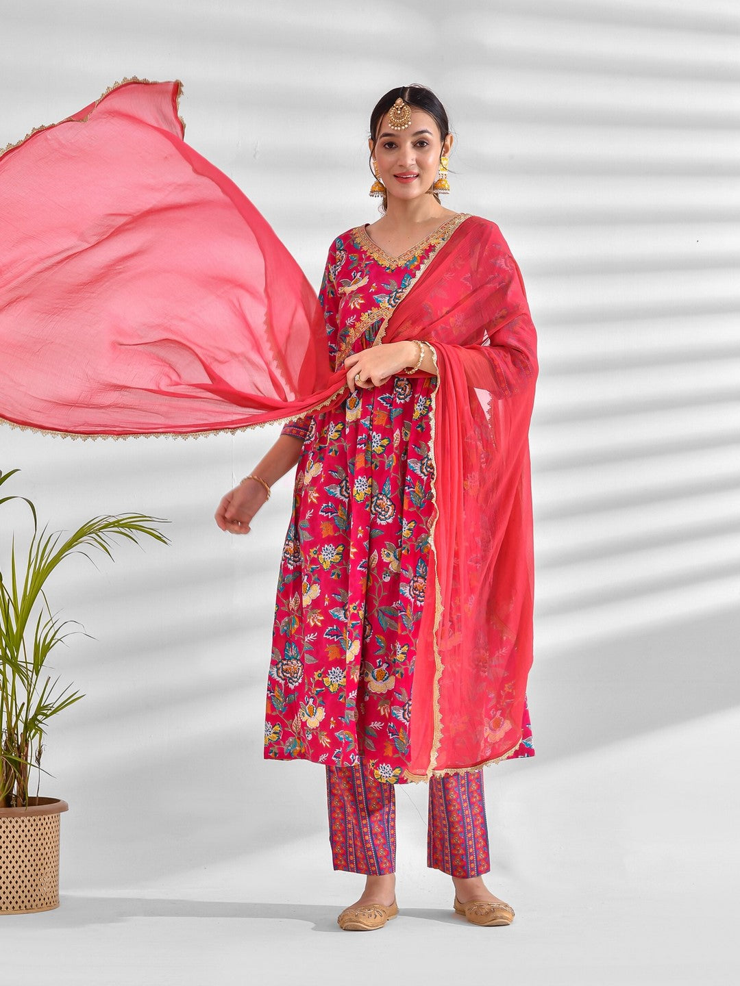 Printed Pure Cotton 3/4 Sleeve Kurta And Trouser Set With Dupatta
