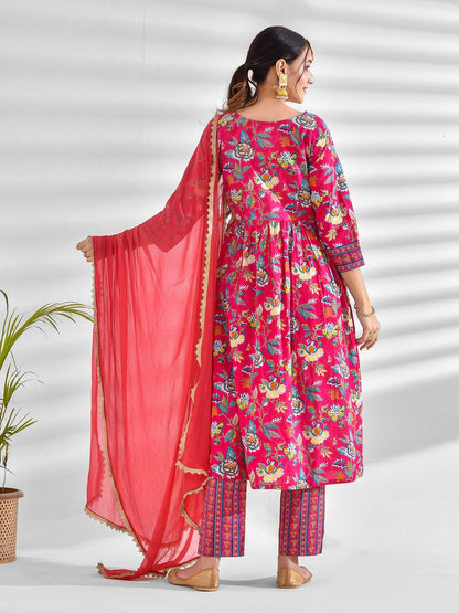 Printed Pure Cotton 3/4 Sleeve Kurta And Trouser Set With Dupatta