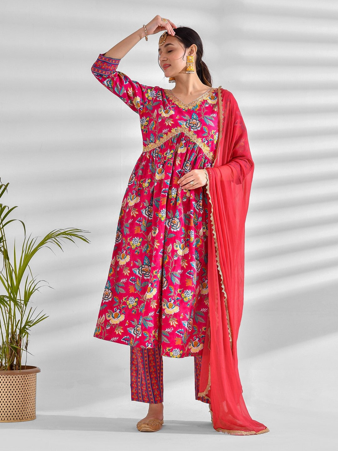 Printed Pure Cotton 3/4 Sleeve Kurta And Trouser Set With Dupatta