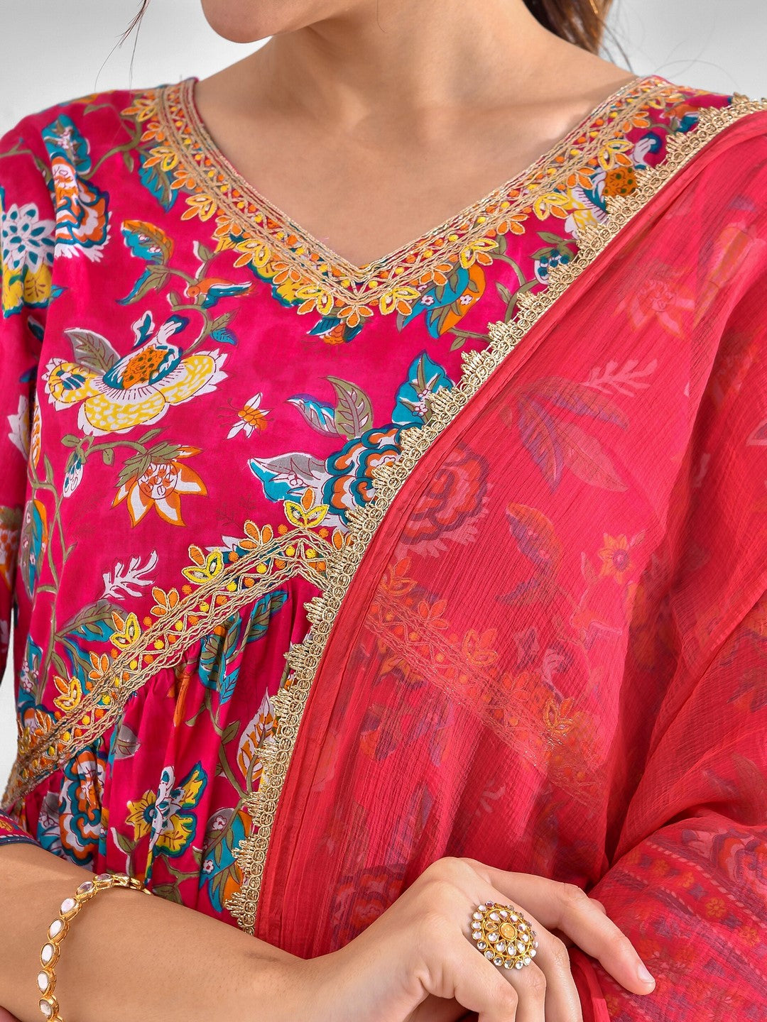 Printed Pure Cotton 3/4 Sleeve Kurta And Trouser Set With Dupatta