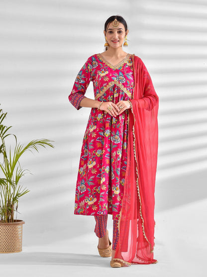 Printed Pure Cotton 3/4 Sleeve Kurta And Trouser Set With Dupatta