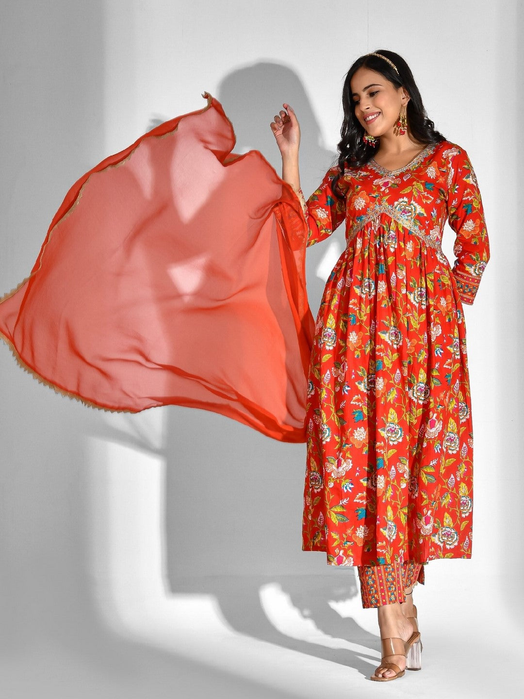 Printed Pure Cotton 3/4 Sleeve Kurta And Trouser Set With Dupatta