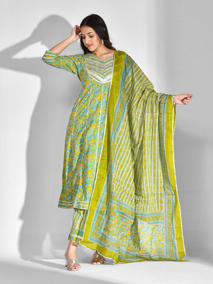 Printed Pure Cotton 3/4 Sleeve Kurta And Palazzo Set With Dupatta