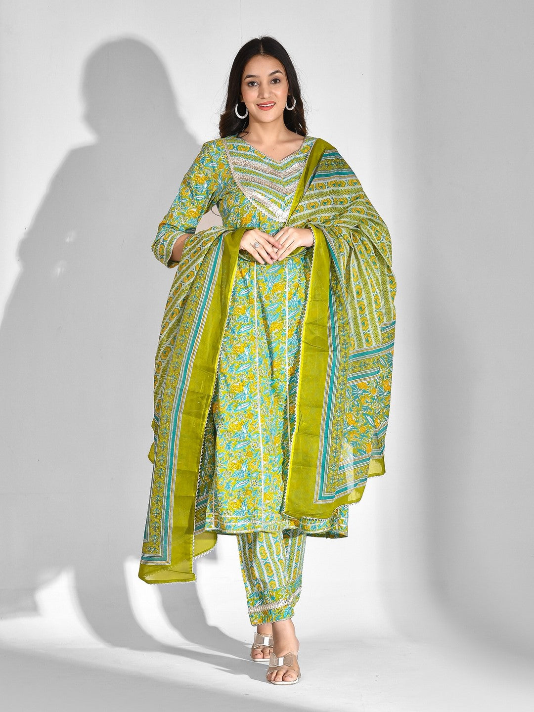 Printed Pure Cotton 3/4 Sleeve Kurta And Palazzo Set With Dupatta