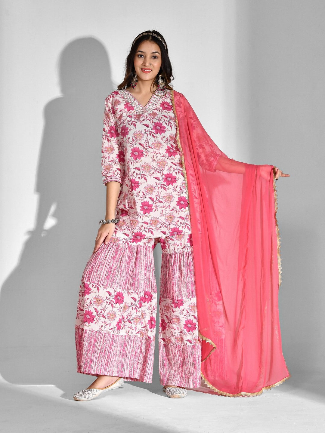 Printed Pure Cotton 3/4 Sleeve Kurta And Sharara Set With Dupatta