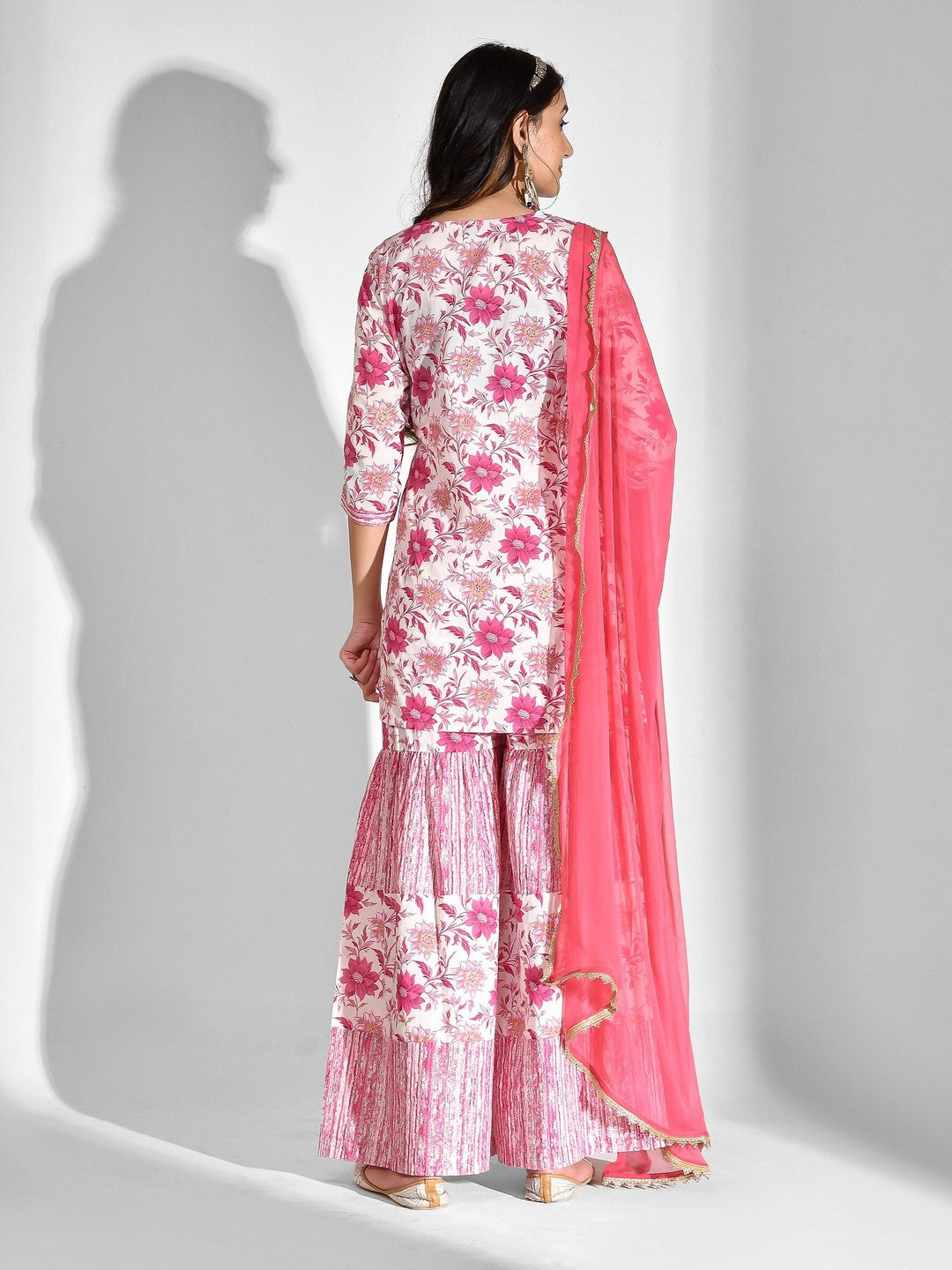 Printed Pure Cotton 3/4 Sleeve Kurta And Sharara Set With Dupatta