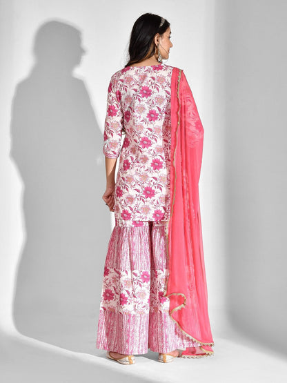 Printed Pure Cotton 3/4 Sleeve Kurta And Sharara Set With Dupatta