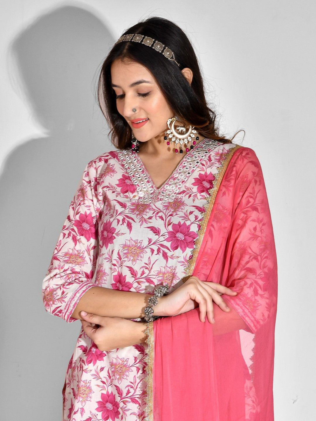 Printed Pure Cotton 3/4 Sleeve Kurta And Sharara Set With Dupatta
