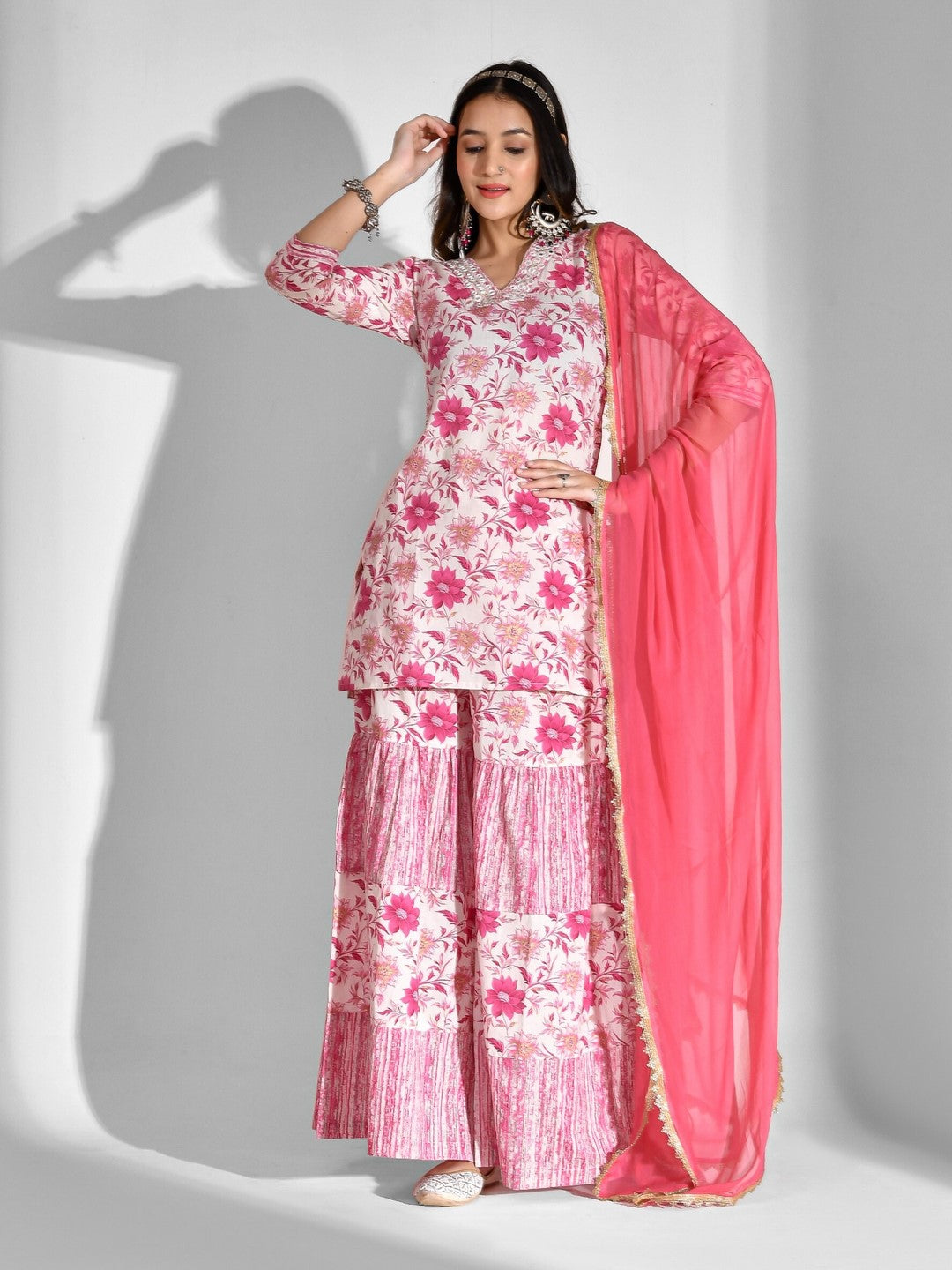 Printed Pure Cotton 3/4 Sleeve Kurta And Sharara Set With Dupatta