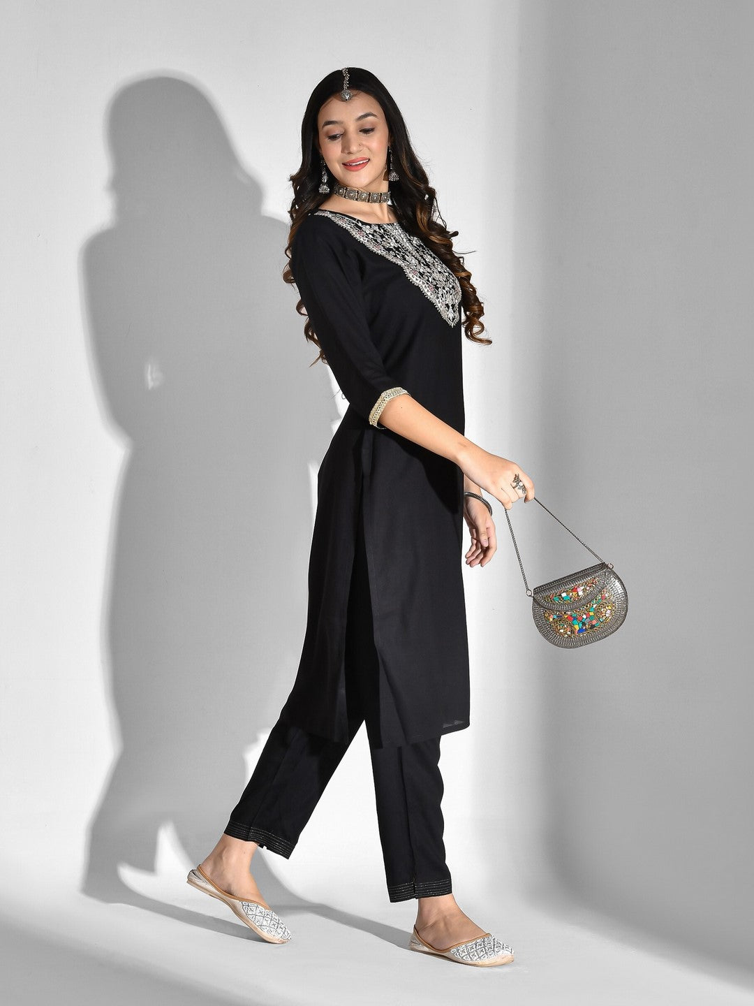Embroidered Viscose Rayon 3/4 Sleeve Kurta And Trouser Set