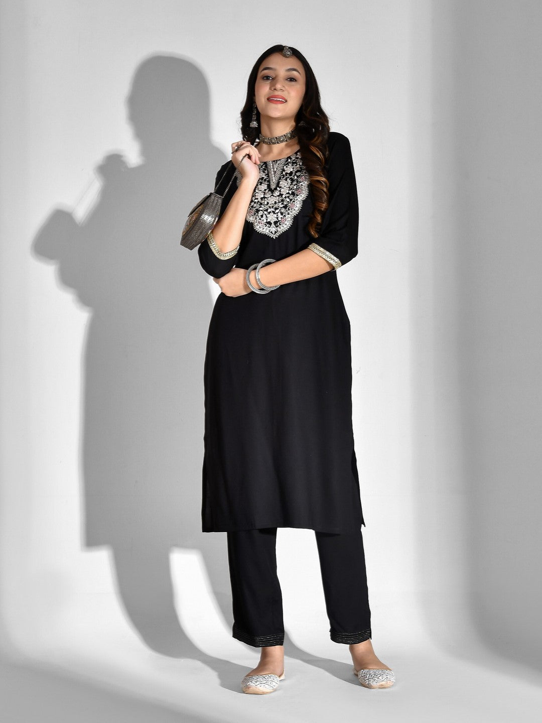 Embroidered Viscose Rayon 3/4 Sleeve Kurta And Trouser Set