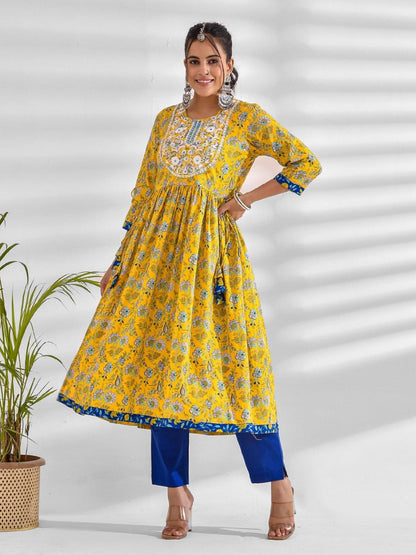 Printed Pure Cotton 3/4 Sleeve Kurta And Trouser Set