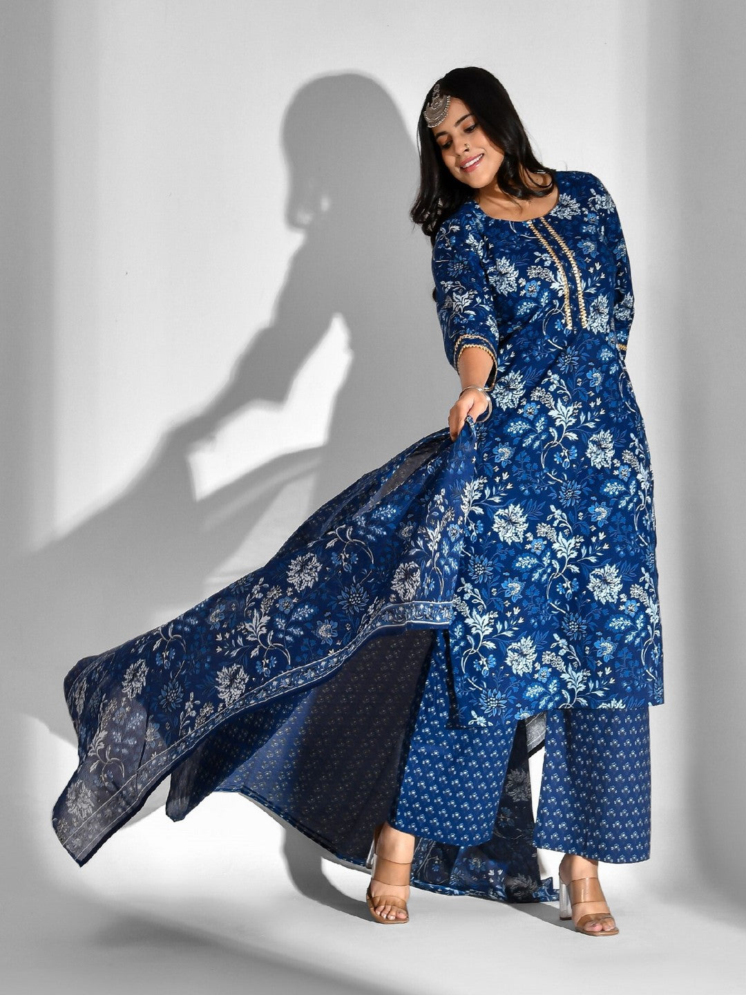 Printed Pure Cotton 3/4 Sleeve Kurta And Palazzo Set With Dupatta