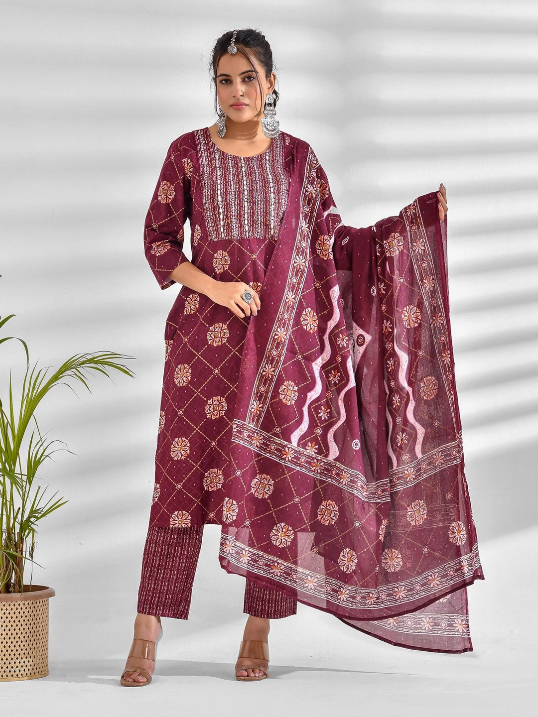 Printed Pure Cotton 3/4 Sleeve Kurta And Trouser Set With Dupatta