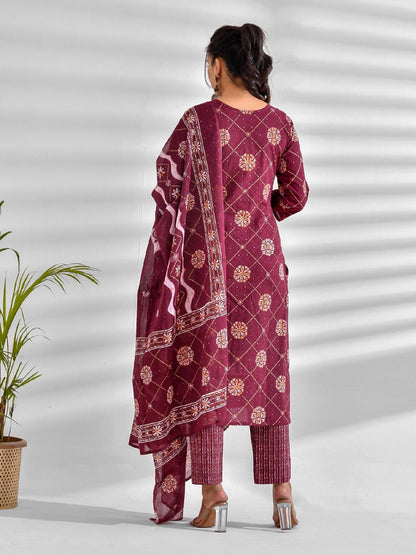 Printed Pure Cotton 3/4 Sleeve Kurta And Trouser Set With Dupatta