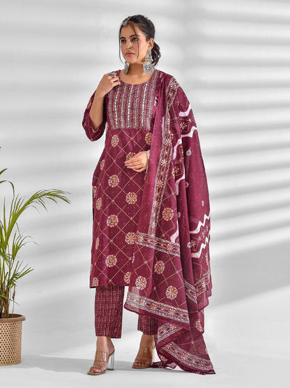 Printed Pure Cotton 3/4 Sleeve Kurta And Trouser Set With Dupatta