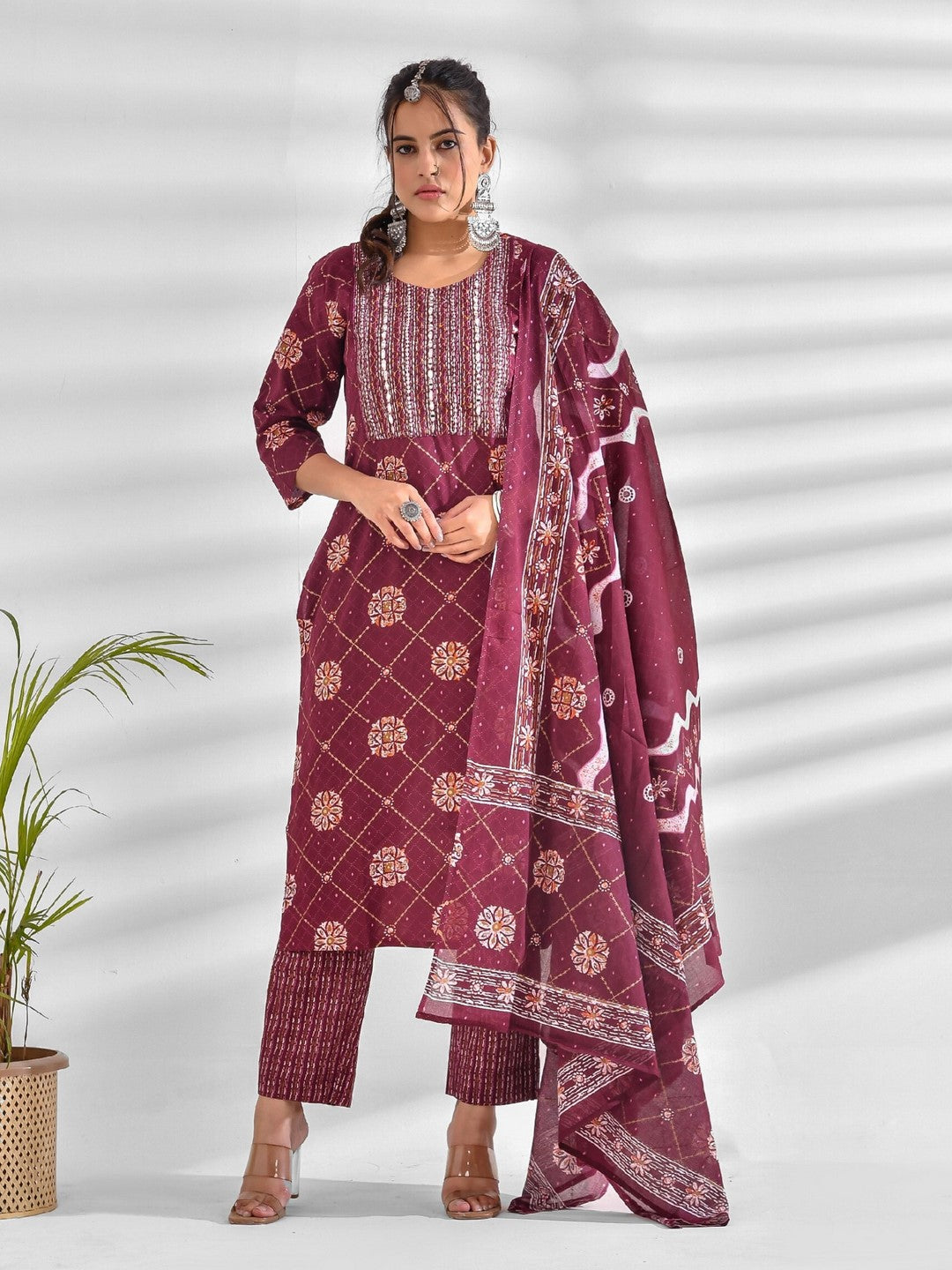 Printed Pure Cotton 3/4 Sleeve Kurta And Trouser Set With Dupatta