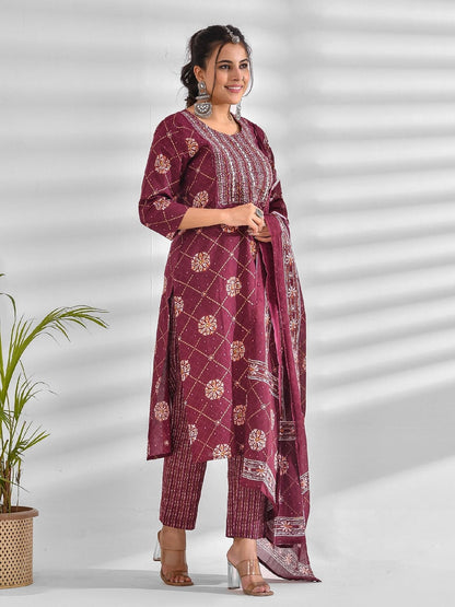 Printed Pure Cotton 3/4 Sleeve Kurta And Trouser Set With Dupatta
