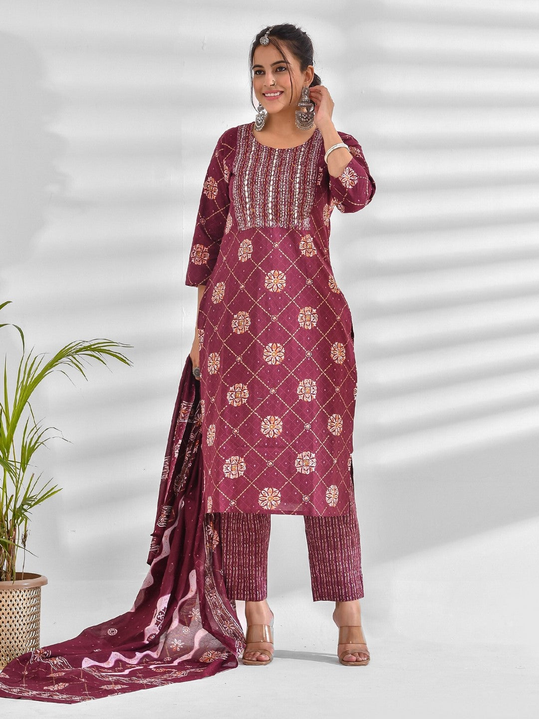 Printed Pure Cotton 3/4 Sleeve Kurta And Trouser Set With Dupatta