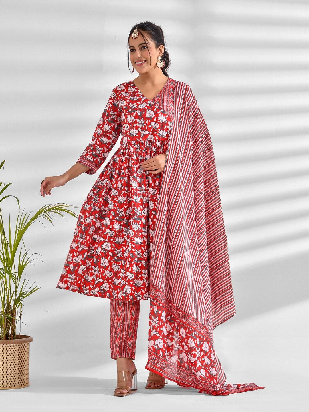Printed Pure Cotton 3/4 Sleeve Kurta And Trouser Set With Dupatta