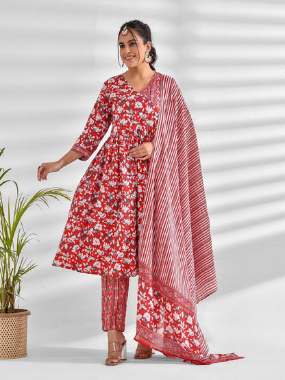 Printed Pure Cotton 3/4 Sleeve Kurta And Trouser Set With Dupatta