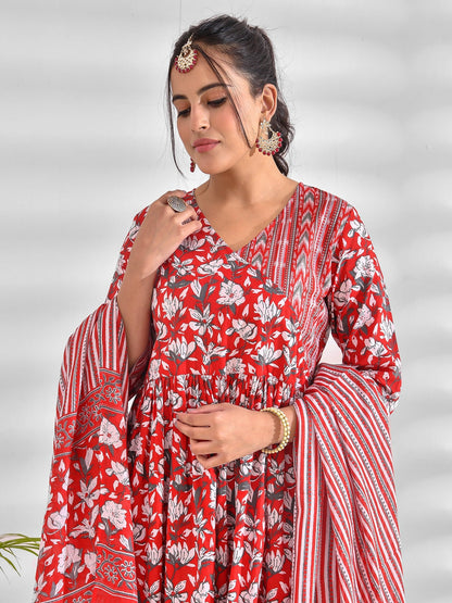 Printed Pure Cotton 3/4 Sleeve Kurta And Trouser Set With Dupatta