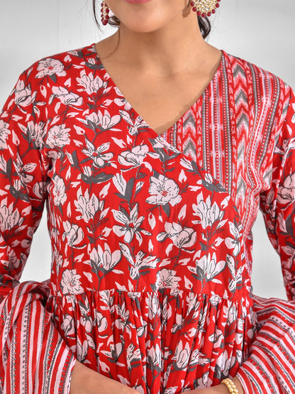 Printed Pure Cotton 3/4 Sleeve Kurta And Trouser Set With Dupatta